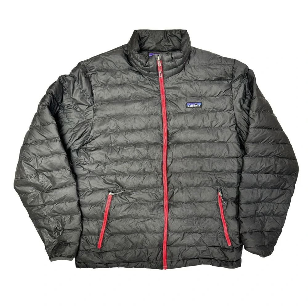 Patagonia Mens Down Sweater Jacket Black Red Full Zip Puffer Large